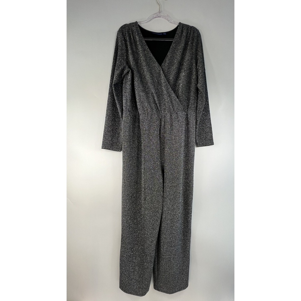 APT. 9 Jump Suit Women's Sz L Sparkly Silver Straight Legs Wrap Top Long Sleeve